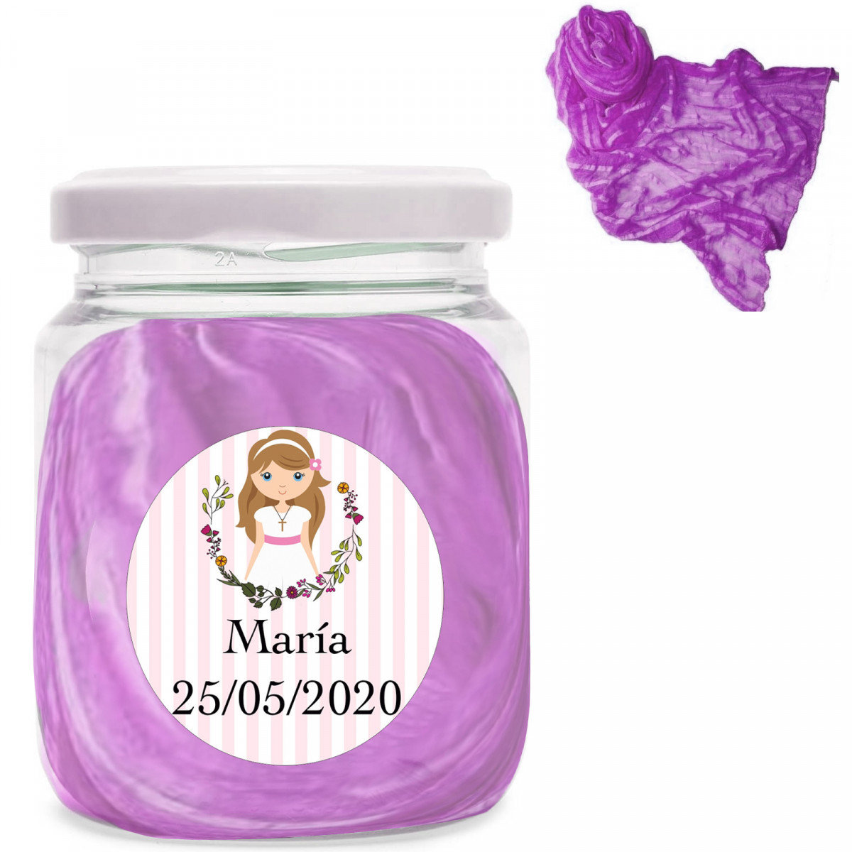 Foulard violet pour le cou dans un bocal cadeau avec autocollant personnalisé pour la communion