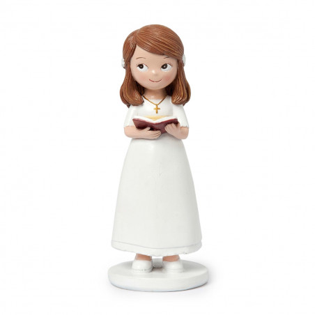Figurine gâteau de communion fille en robe blanche et bible 13cm.