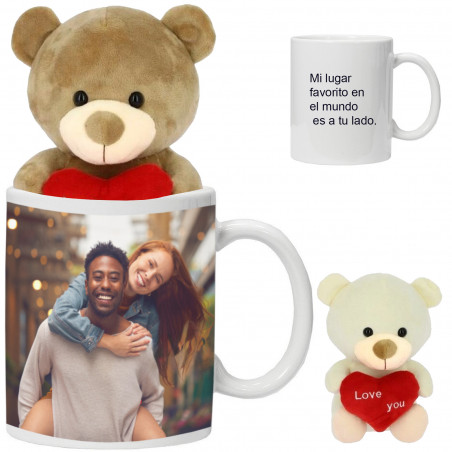 Mug personnalisé avec photo et texte avec ours en peluche pour cadeau de Saint Valentin