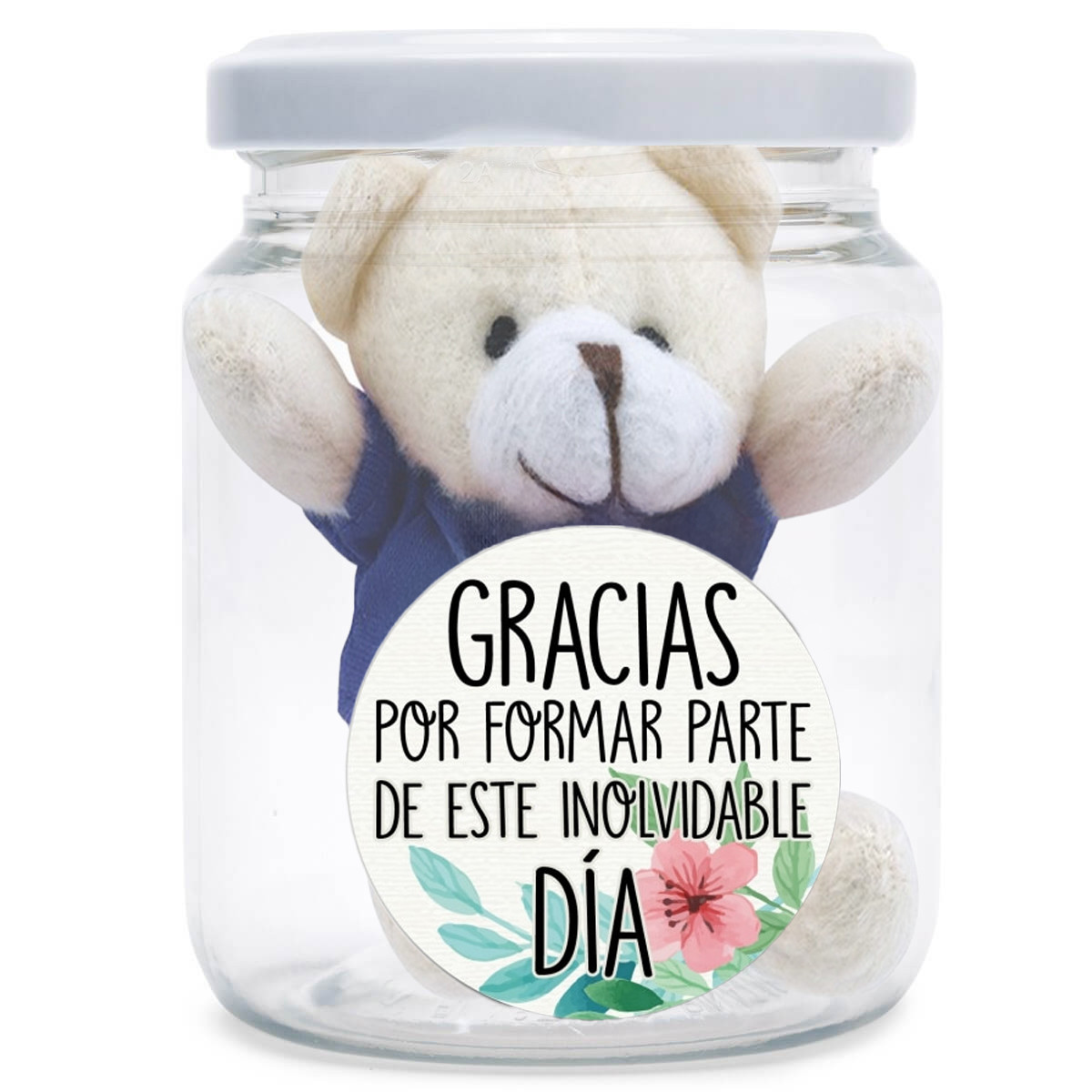Porte clés avec ours en peluche dans un pot transparent décoratif avec autocollant de remerciement