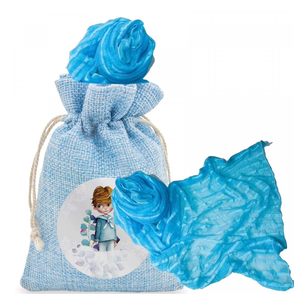 Foulard en toile de jute couleur ciel avec adhésif à personnaliser avec une image