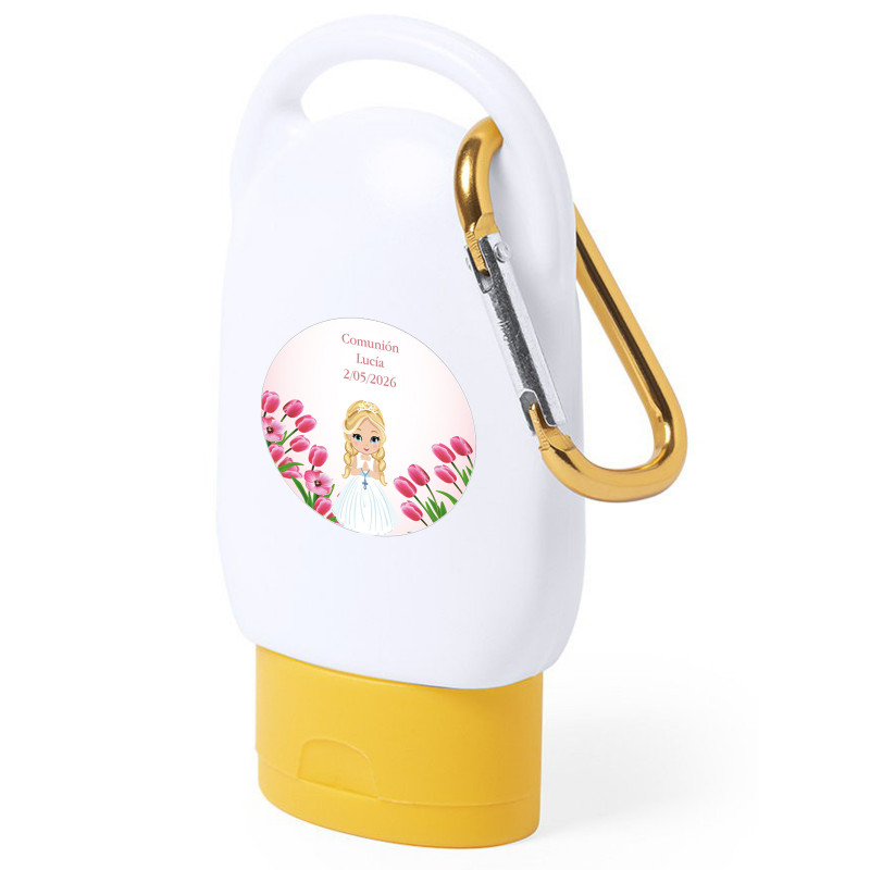 Crème solaire de poche avec un autocollant de présentation de communion personnalisé