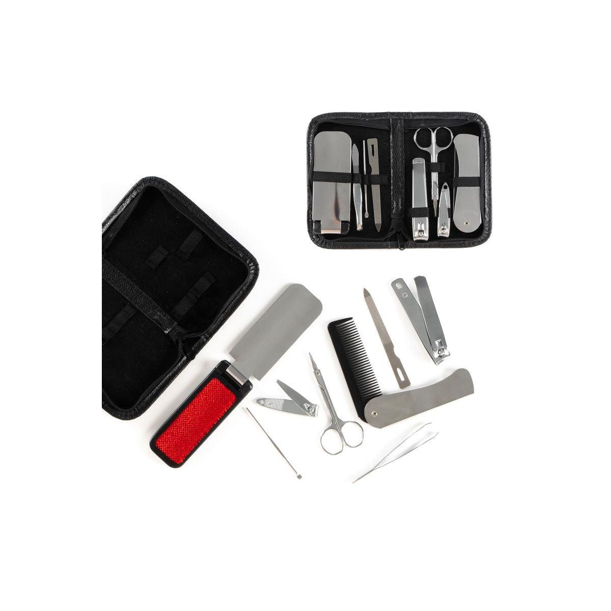 Accessoires de toilettage personnel dans une trousse noire