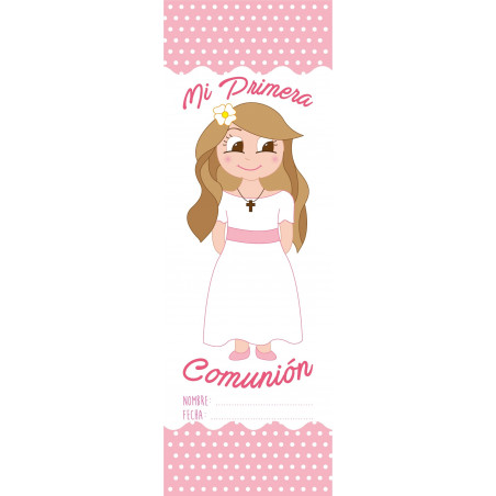 Tire bouchon bouteille rose avec marque page et autocollant communion fille
