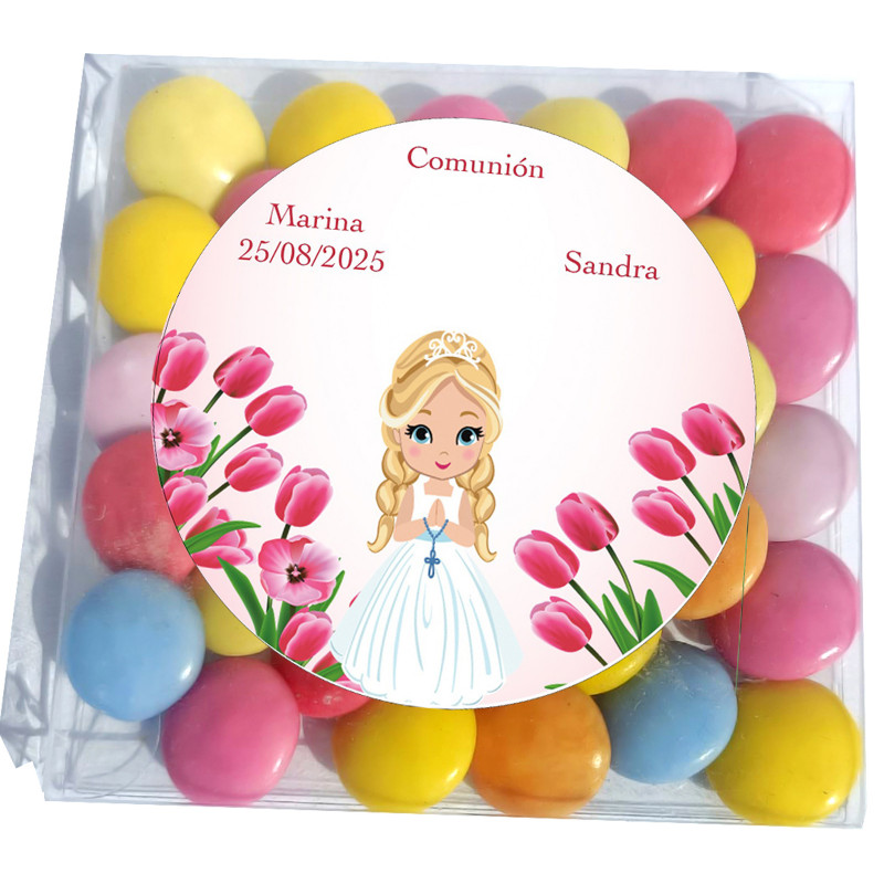 Lacasitos dans un étui de présentation pour communion personnalisé