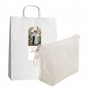 Trousse de toilette blanche pour femme avec pochette cadeau et autocollant personnalisable avec texte et photo