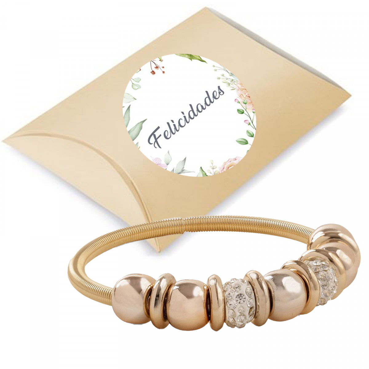 Bracelet doré pour femme avec perles présenté dans une boîte en carton et autocollant personnalisé avec image
