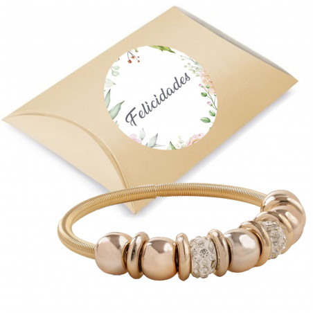 Bracelet femme en or avec perles présenté dans une boîte en carton et autocollant personnalisé avec image