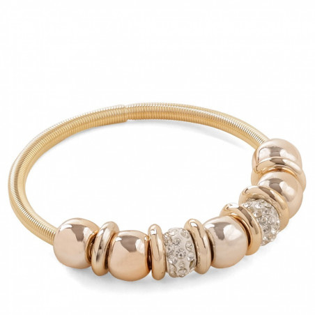 Bracelet femme en or avec perles présenté dans une boîte en carton et autocollant personnalisé avec image