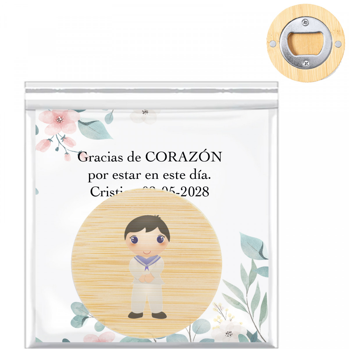 Décapsuleur avec aimant présenté avec carte personnalisable et autocollant de communion