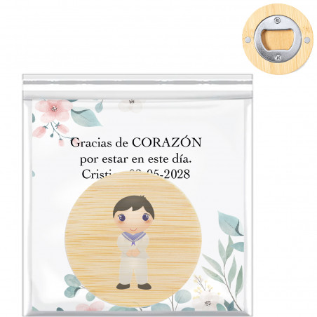 Décapsuleur avec aimant présenté avec carte personnalisable et autocollant de communion