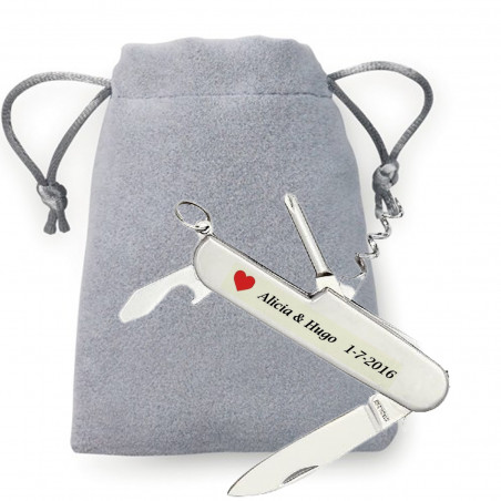 Couteau suisse de poche pour cadeaux événementiels présenté dans un sac en daim