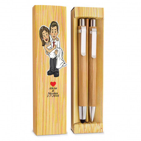 Stylo et porte mine dans un étui en bois à offrir en cadeau de mariage