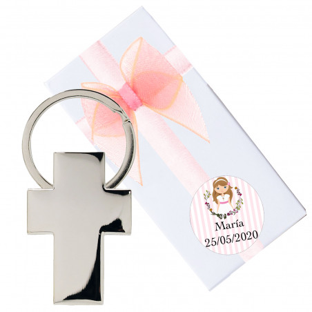 Porte clés croix de communion en boîte blanche avec adhésif personnalisé