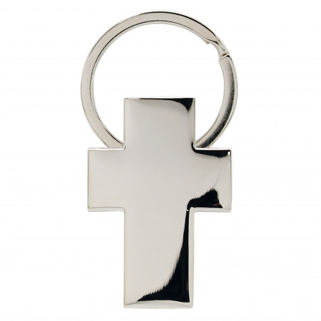 Porte-clés croix communion garçon avec autocollant personnalisé présenté dans une boîte