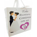Trois bandes en bois personnalisées avec sac cadeau et autocollant de mariage