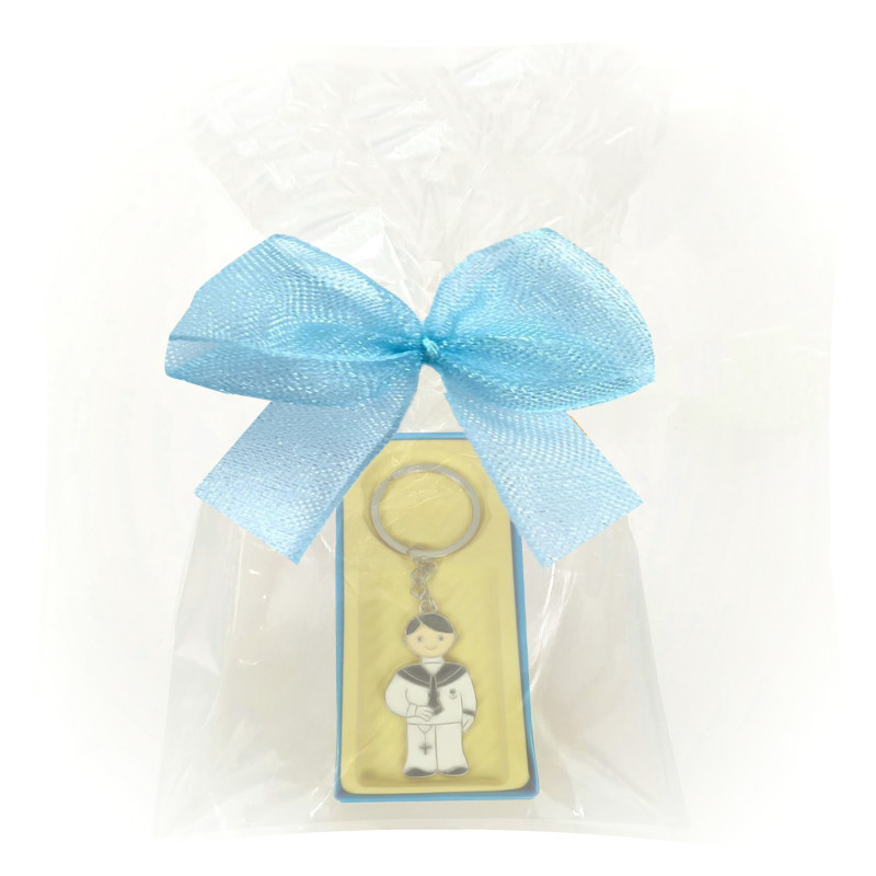 Pack de 40 porte clés communion garçon dans un étui bleu