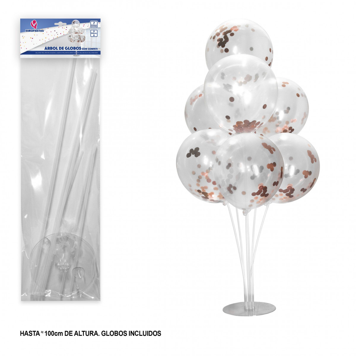 Arbre de ballons avec confettis dorés roses.