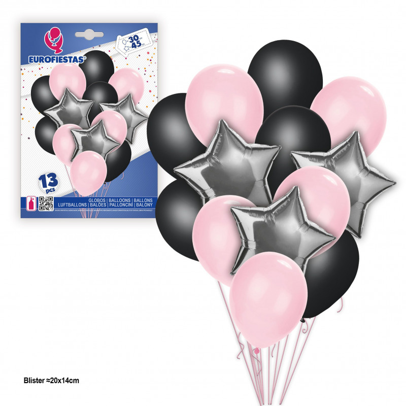 Lot de 13 ballons en aluminium avec étoiles roses et argentées