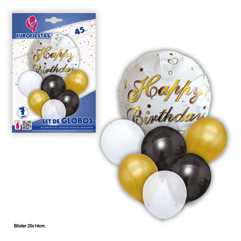 Ensemble de ballons joyeux anniversaire or noir.
