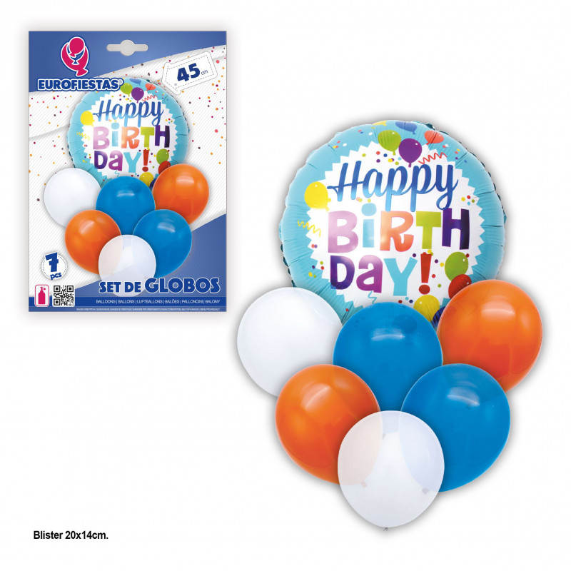 Ensemble de ballons joyeux anniversaire bleu orange.