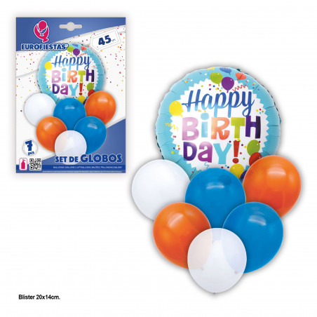 Ensemble de ballons joyeux anniversaire bleu orange.
