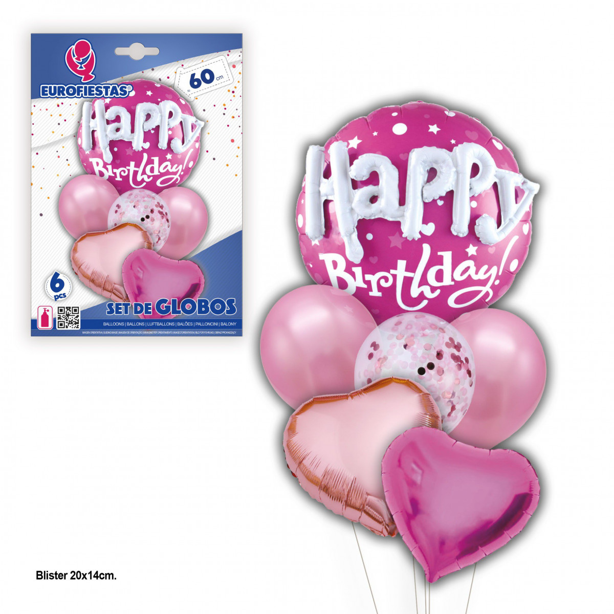 Ensemble de ballons joyeux anniversaire cœurs fuchsia.