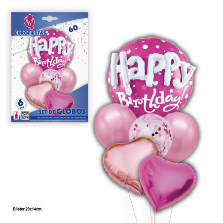 Ensemble de ballons joyeux anniversaire cœurs fuchsia.