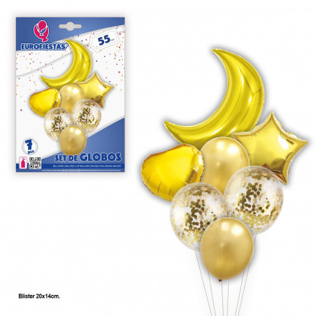 Ensemble de ballons lune et étoiles dorées.