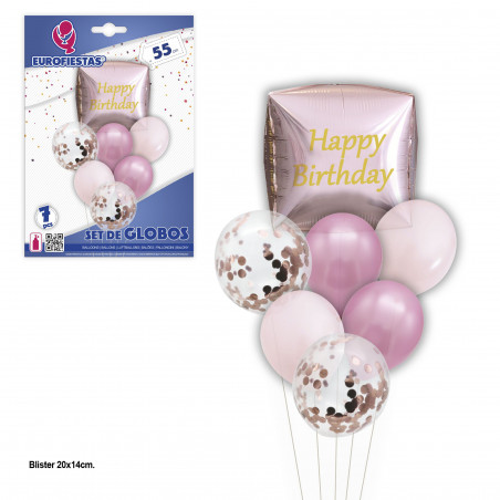 Ballons joyeux anniversaire mis cube en or rose