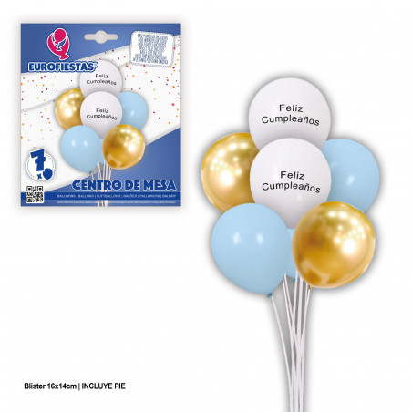 Ensemble de ballons joyeux anniversaire blanc bleu or.
