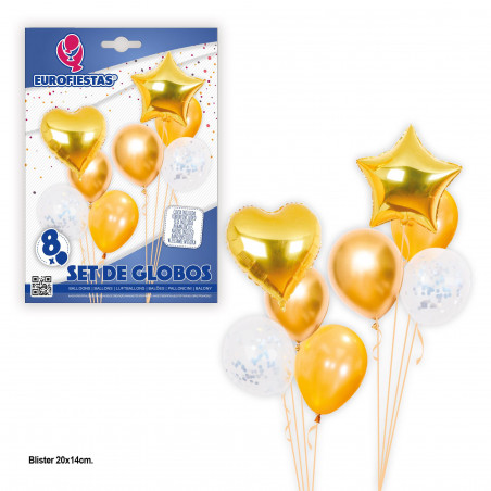 Ensemble de ballons étoile et cœur dorés.