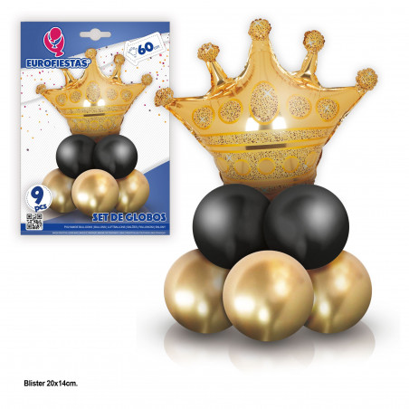 Lot de 8 ballons chromés avec couronne en feuille d'or