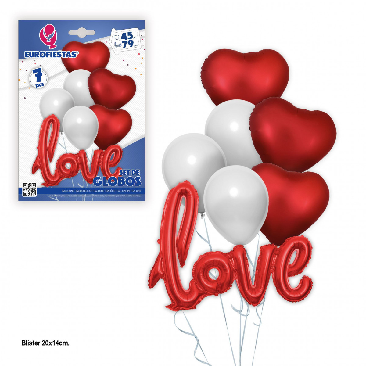 Ensemble de ballons en foil 3 cœurs et love rouges avec 3 latex blancs.