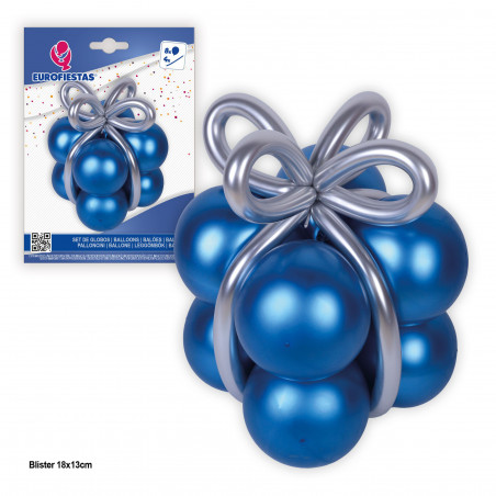 Ballons en forme de cadeau bleu métallisé avec noeud argenté