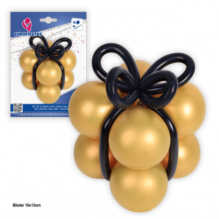 Ballons forme cadeau noeud noir or