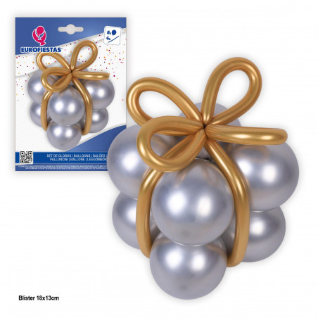 Ballons forme cadeau argent noeud or