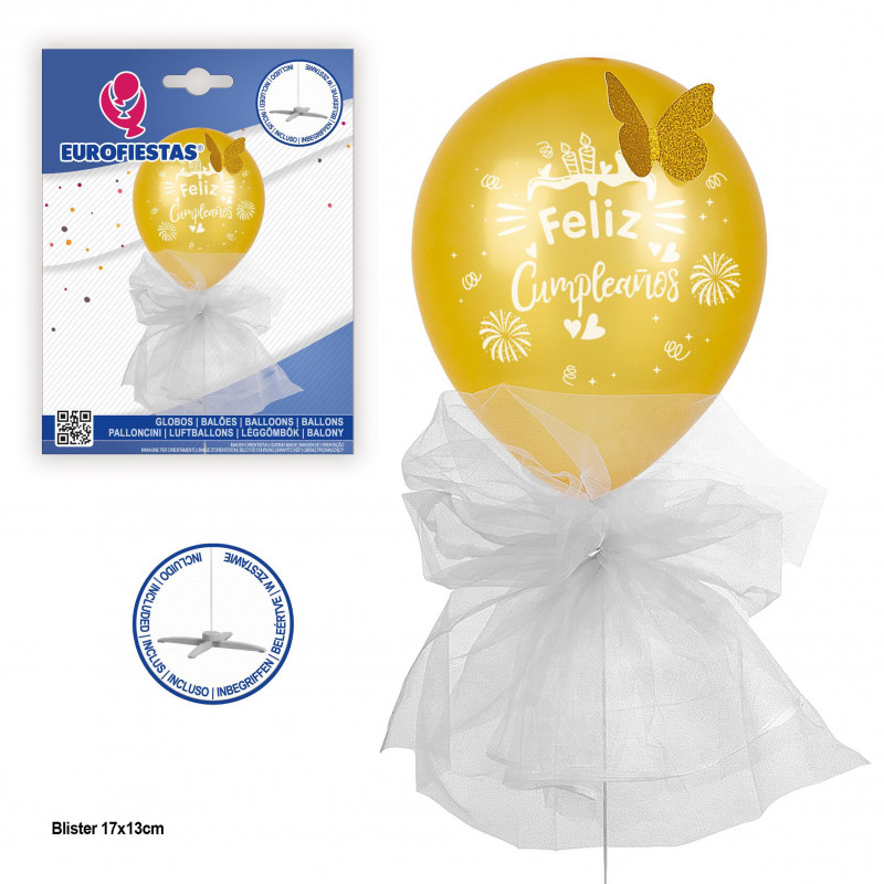 Ballon joyeux anniversaire avec pied papillon et tulle doré