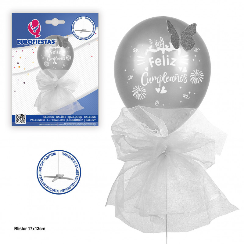 Ballon joyeux anniversaire avec pied papillon et tulle argenté