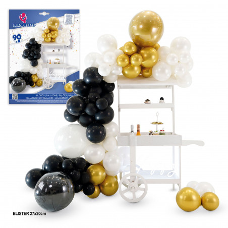 Coffret Nuage de 90 ballons dorés noir et blanc