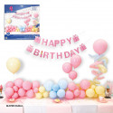 Ensemble de 53 ballons en couleurs pastel, guirlande "joyeux anniversaire" et 2 arbres.