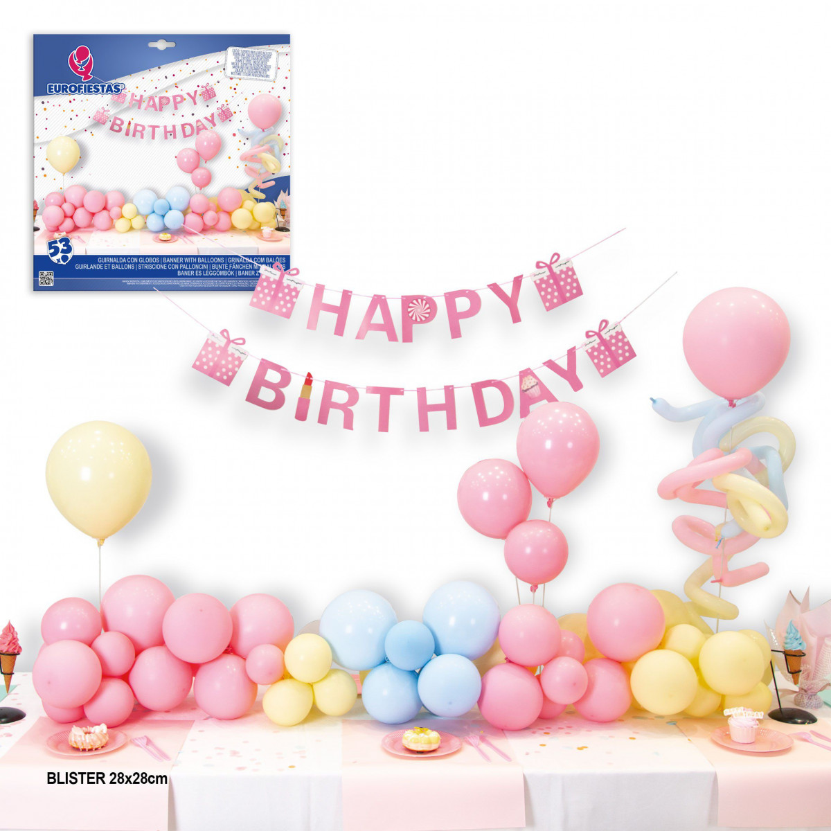 Ensemble de 53 ballons en couleurs pastel, guirlande "joyeux anniversaire" et 2 arbres.