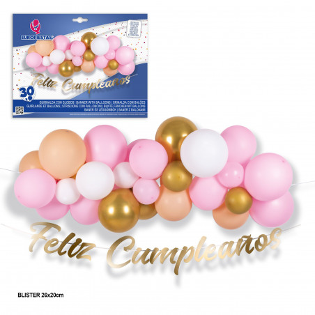 Ensemble nuage de 30 ballons roses et dorés avec guirlande joyeux anniversaire dorée