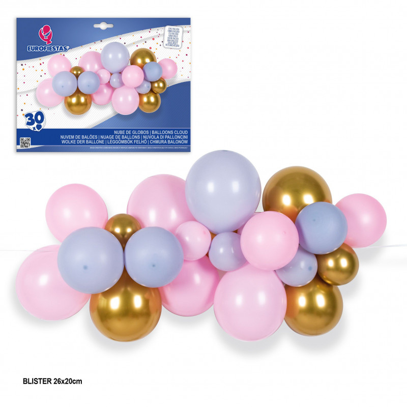 Coffret Nuage de 30 ballons or rose et gris
