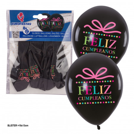 Globos 6 imprimés noirs joyeux anniversaire