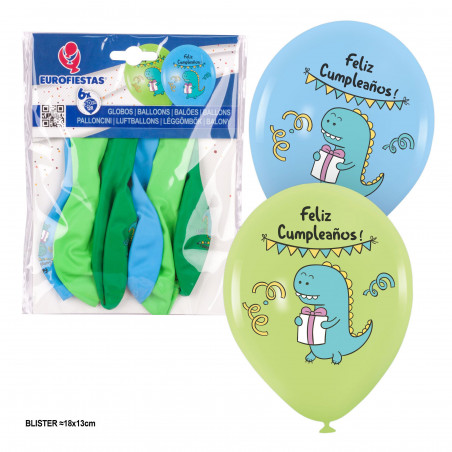 Ballons 6 imprimés couleurs joyeux anniversaire dinosaure