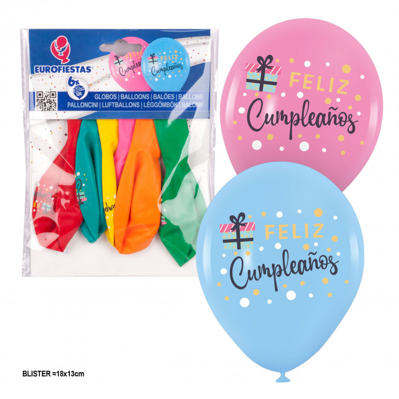 Ballons 6 imprimés couleurs joyeux anniversaire avec des pois