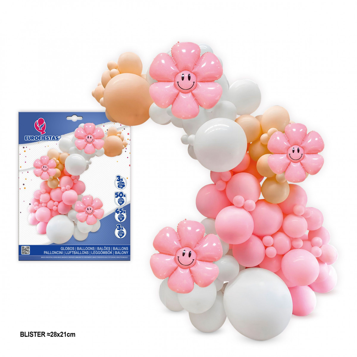 Ensemble organique de ballons pastel et rétro avec des fleurs souriantes
