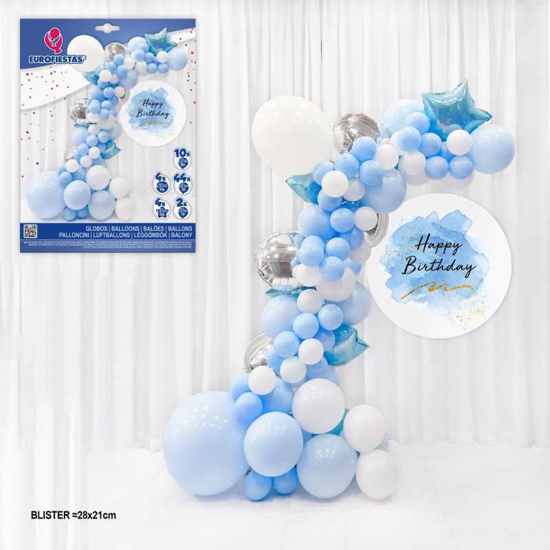 Ensemble organique de ballons argent et bleu.