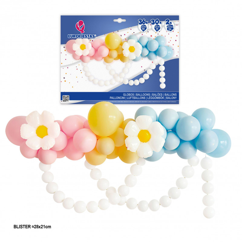 Ensemble organique de ballons pastel et de marguerites avec une chaîne de ballons